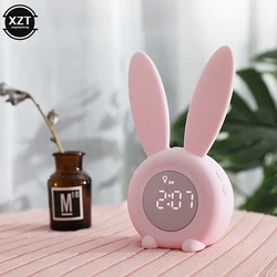 Mini Cartoon LED Digital Alarm Clock Electronic LED Display Sound Control Cute Rabbit Night Lamp Desk Rechargeable Clock