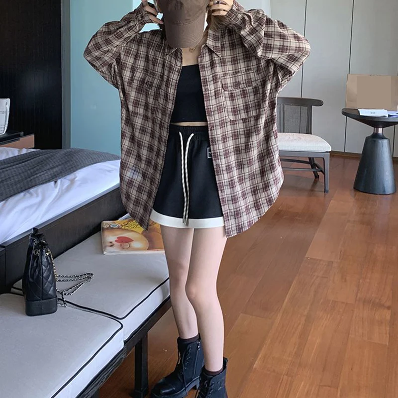 Rimocy Korean Style Plaid Oversized Shirt Women 2025 Harajuku Long Sleeve Vintage Blouse Woman Chic Wild Turn Down Collar Shirts