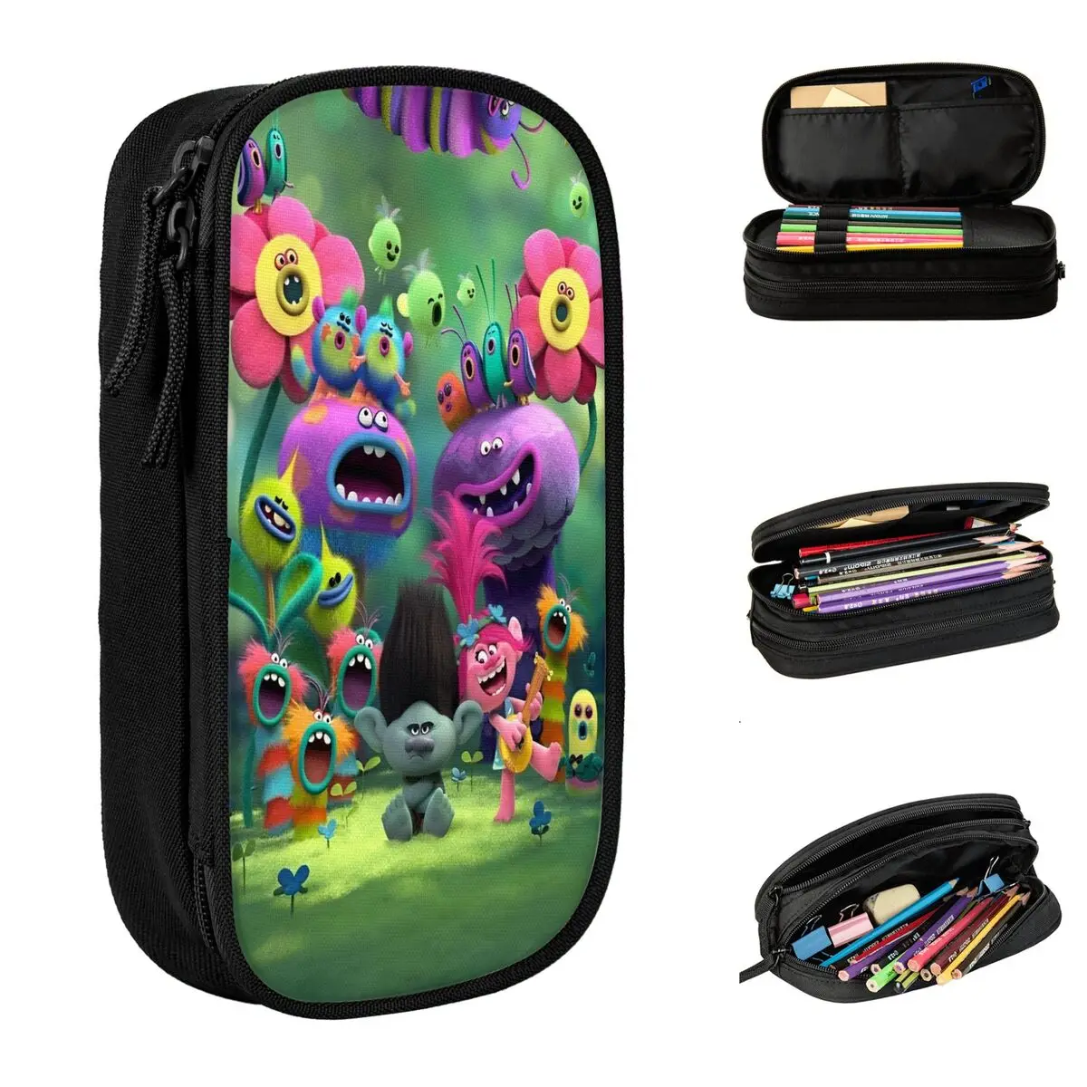 Trousses à crayons de dessin animé de film Trolls, sac à stylos anime, grande boîte de rangement pour étudiants, cadeaux scolaires pour fille et garçon