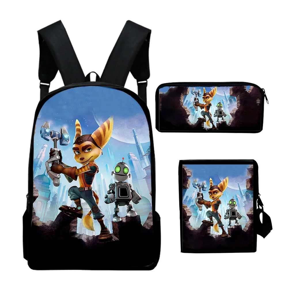 

Game Ratchet & Clank Backpack 3 Pieces Sets Shoulder Bags Unisex Daypack Zipper Bag Unique Pencil Bag