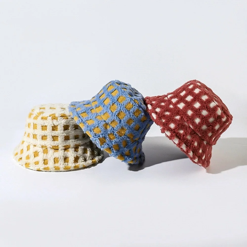 Autumn and Winter Thickened Color Small Fresh Plaid Contrasting Color Showing Face Small Bucket Hat Fashionable Versatile Hat