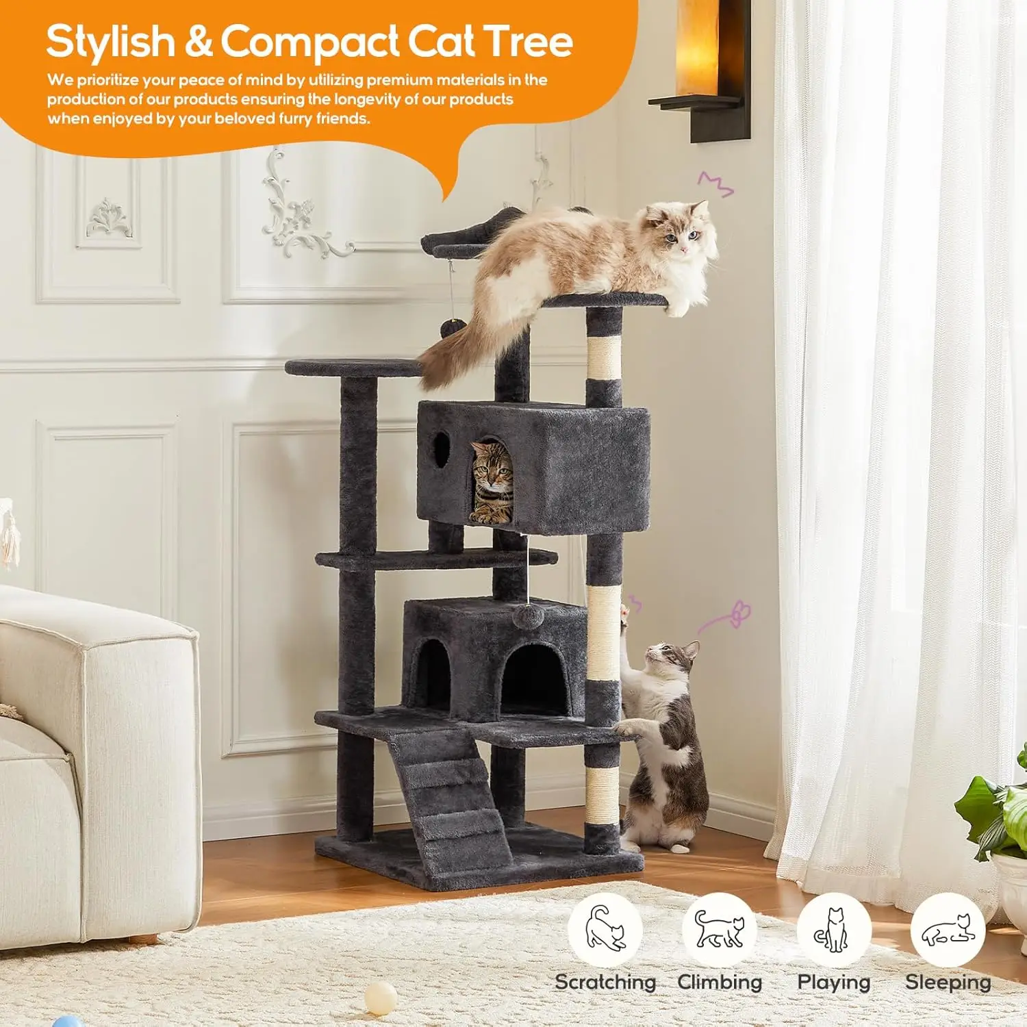 54-Inch Cat Tower for Indoor Cats W/ Sisal Scratching Post, Cat Play House, Large Kitty  Plush Multi-Level W/ Climbing Ladder