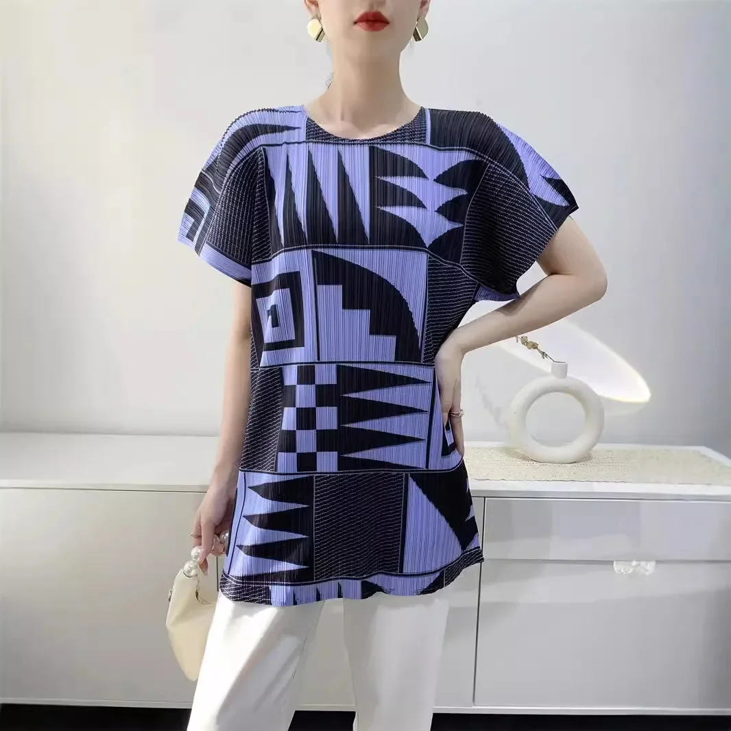 Women's summer T-shirt Miyake Pleated Fashion high stretch loose round neck short sleeve printed top