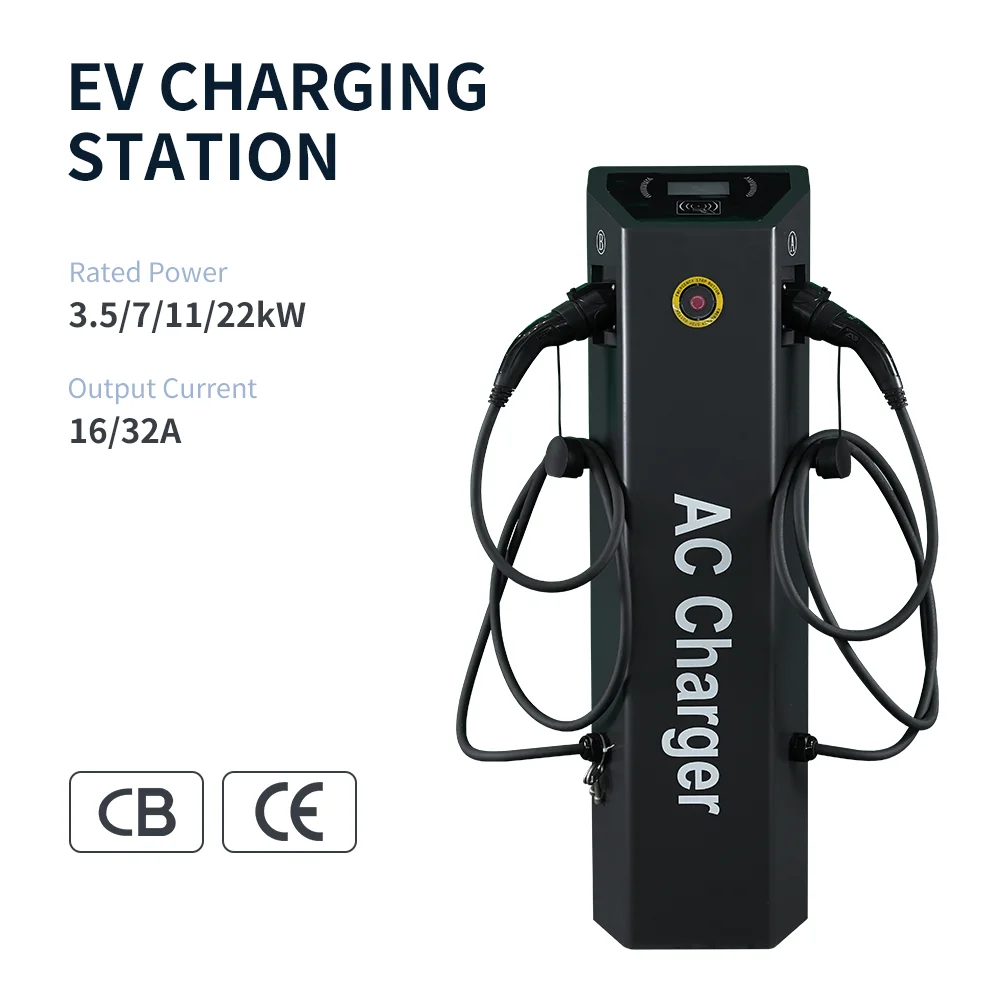 Dual 22kW Fast Charge AC Floor Mount EV Charger Station New Condition with Type 2 Connectors IP65 Protection
