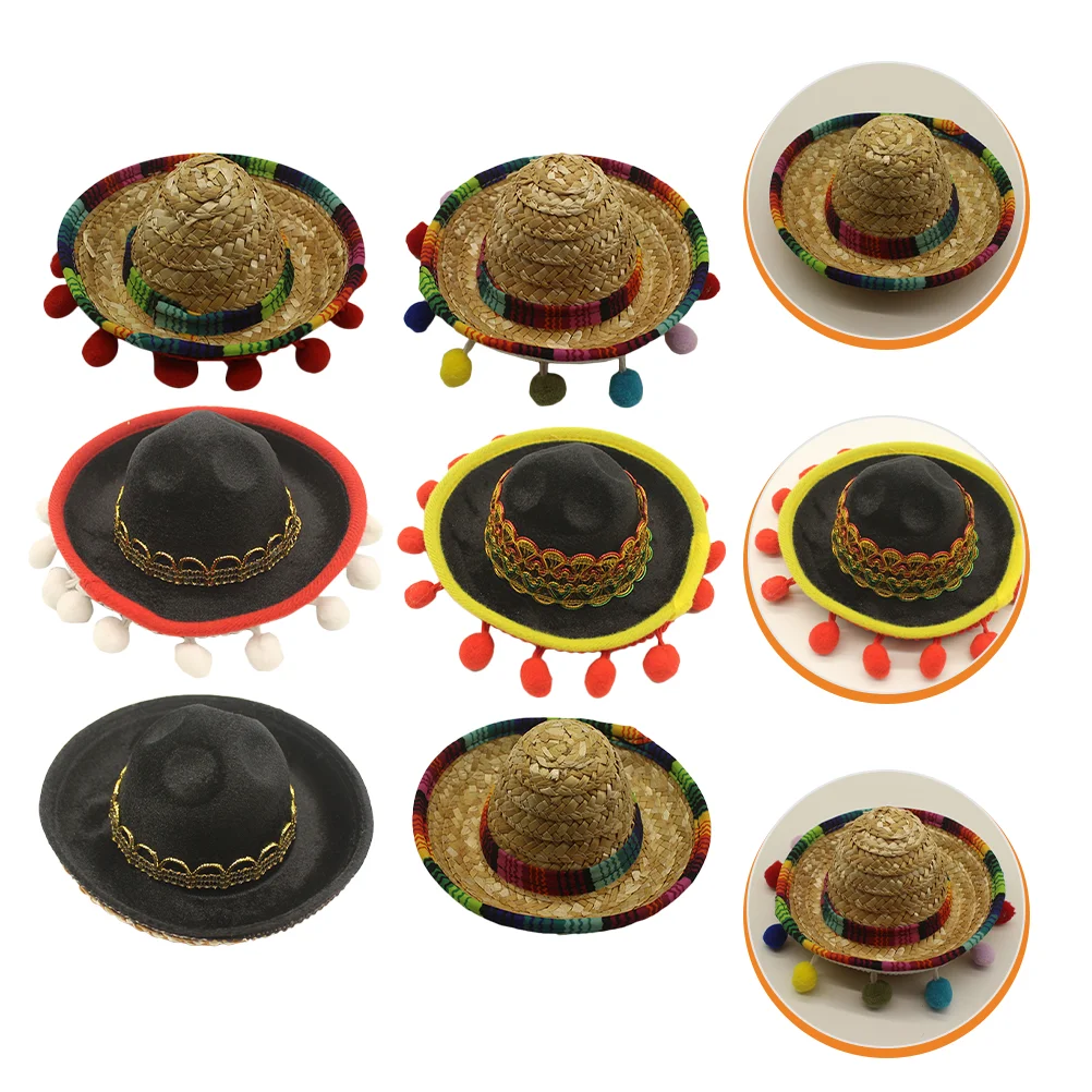 

6 Pcs Mexican Sombrero Straw Hat Party Hats Themed Headbands Polyester Fiesta Decorations Traditional
