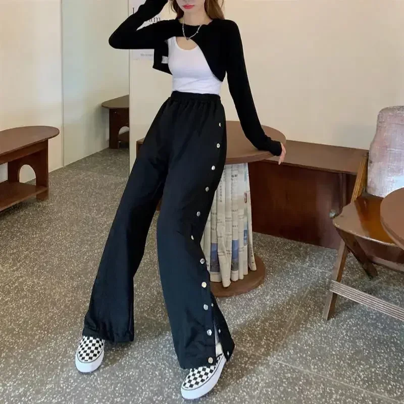 Button Side Women Pants for Spring Clothes Hip Hop Wide Leg Trousers Cyber Y2k Techwear Punk Clothing Streetwear 2024