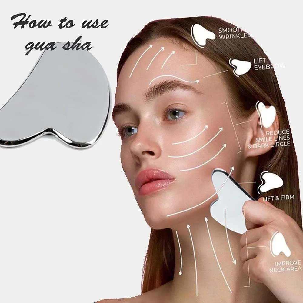 Raspador de aço inoxidável, placa de massagem em formato de coração para massagem facial, ferramenta para aplicação de maquiagem, bisturi para base, b