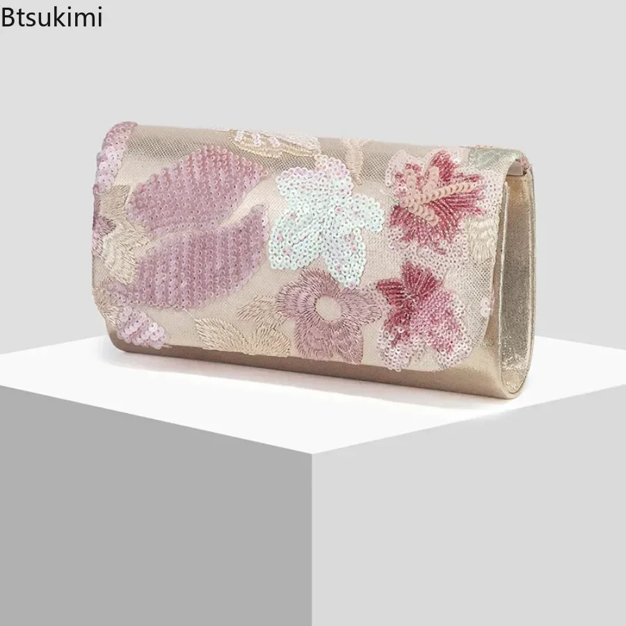 New Women's Floral Pattern Clutch Fashion Retro Sequin Embroidery Chain Shoulder Bags Elegant Evening Bag Exquisite Envelope Bag