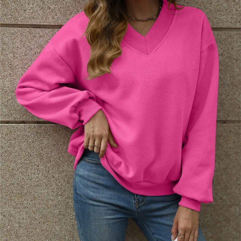 

Women's autumn and winter new item solid color V-neck bat sleeve with plush loose and versatile loose long sleeved sweatshirt