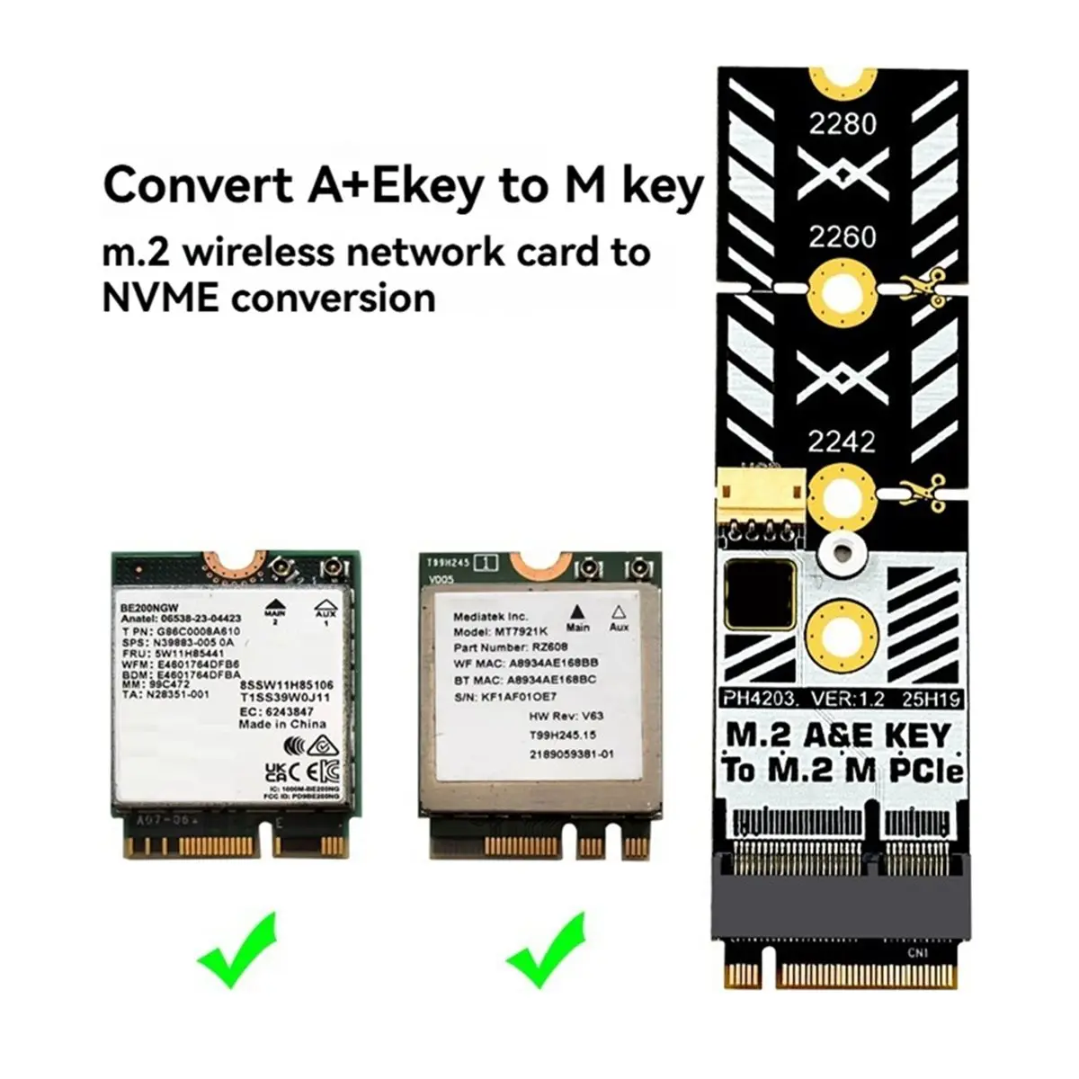 M2 A+E Key to M2 NVME Adapter Converter M.2 Wifi Interface A/E to M Key Expansion Card for 2230 2242 2260 2280 NVME SSD