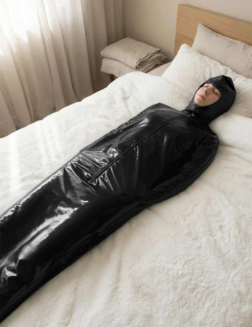 Black Shiny PU Zentai Bodystocking Full Body Suit with Hood Zip Front Sleeping Bag Cosplay Costume Unisex Faux Leather Catsuit