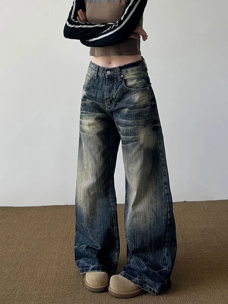 Jeans vintage invecchiati da donna Primavera Vita bassa Streetwear Pantaloni scimitar larghi Bf Pantaloni hip-hop americani tutti abbinati in denim