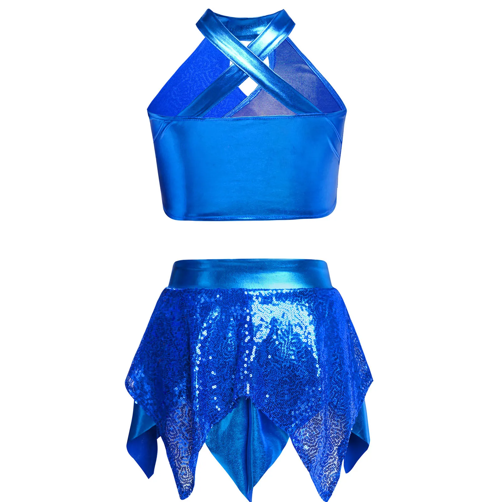 Kids Girls Jazz Dance Set 2Pcs Sparkly Sequins Metallic Cross Keyhole Crop Top+A-Line Skirt Stage Performance Costume Streetwear
