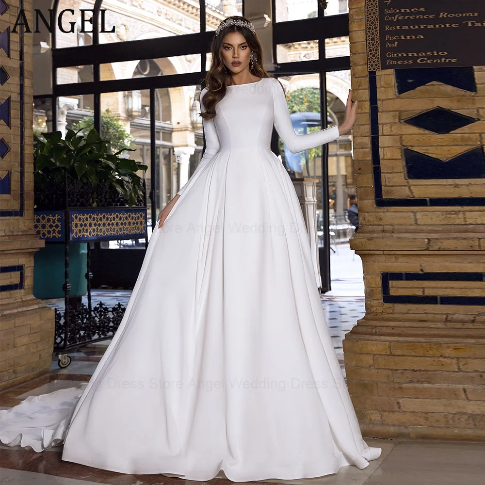 

ANGEL Simple Satin Wedding Dresses For Women Elegant Long Sleeves Bride Dress A-Line vestidos de novia boda civil Custom Made