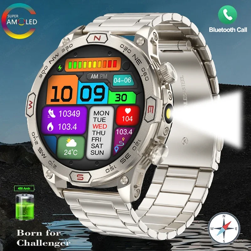 Flashlight New Smart Watch Outdoor Sport Compass 1ATM Waterproof Watch Men Bluetooth Call Smartwatch GPS Track Clock For Android