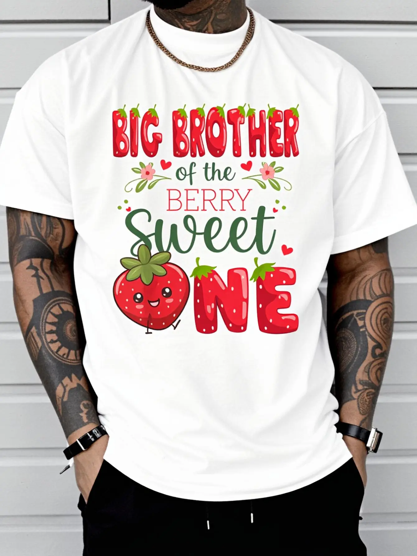 100% Cotton Men Graphic T Shirt Big Brother Of The Berry Sweet One 1St Birthday Strawberry T-Shirt