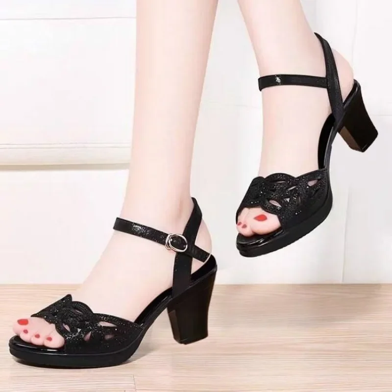 luxury 2024 Thick  Medium Heel Sandals Women\'s Summer Peep Toe Shoes Rhinestone High Heels Black Elderly Ladies Shoe Women 40