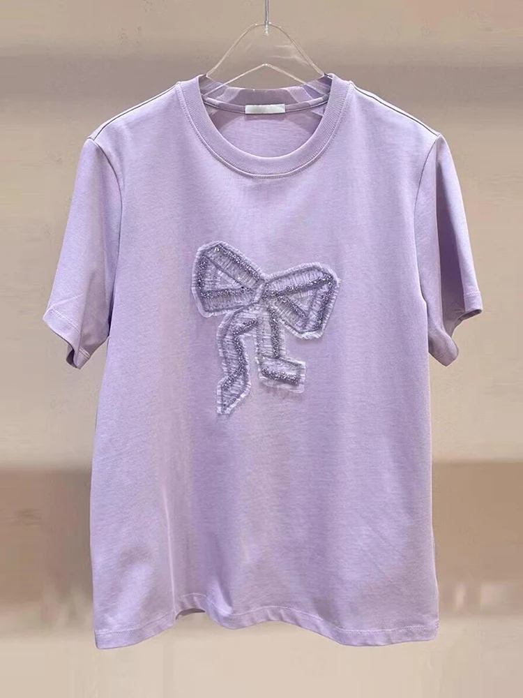 

Sweet Knot Pure Cotton Loose T-irt Women's Summer Top South Oil High-End Faion Ele Commute Sle round Ne