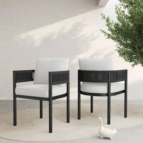 Outdoor Dining Chair Set of 2, 2 Pieces Patio Dining Chairs, Metal Woven Wicker Fixed Patio Chairs with Grey Cushions