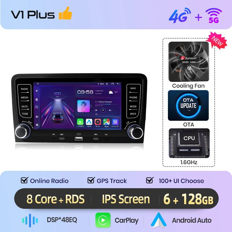 Junsun 7 ''Draadloze CarPlay Android Auto Radio Multimedia Voor Audi A3 8P S3 2003-2012 4G WiFi GPS Navigatie Autoradio