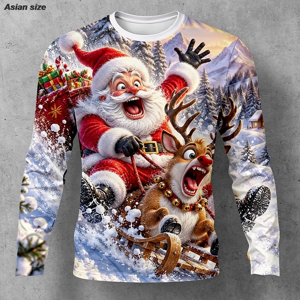 Santa Reindeer Sleigh Print Long Sleeve T-shirt Christmas Winter Snow Scene All Over Print Men Holiday Casual Tee