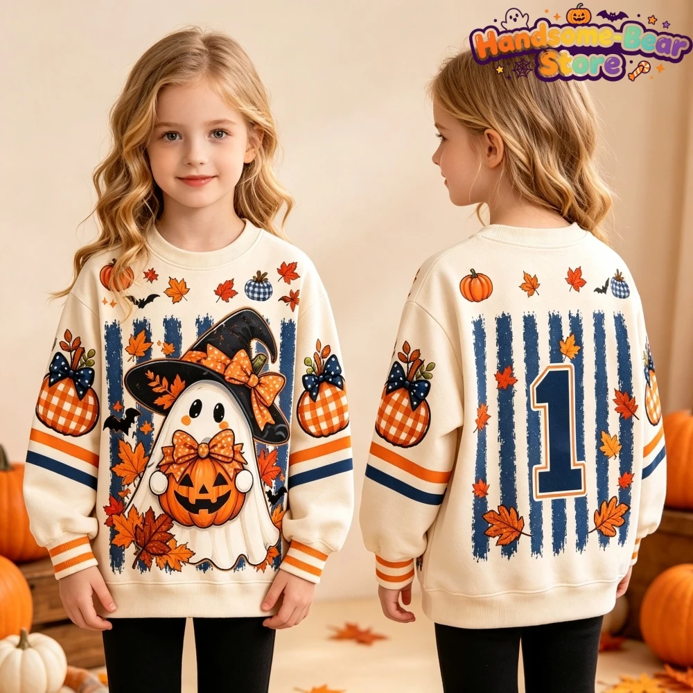 Halloween-Sweatshirts für Mädchen, Kürbis-Print, klassischer, lässiger Pullover, Kapuzenpullover, ideal für Urlaub und Ausflüge, langärmlige Kinderkleidung. – Detail 7