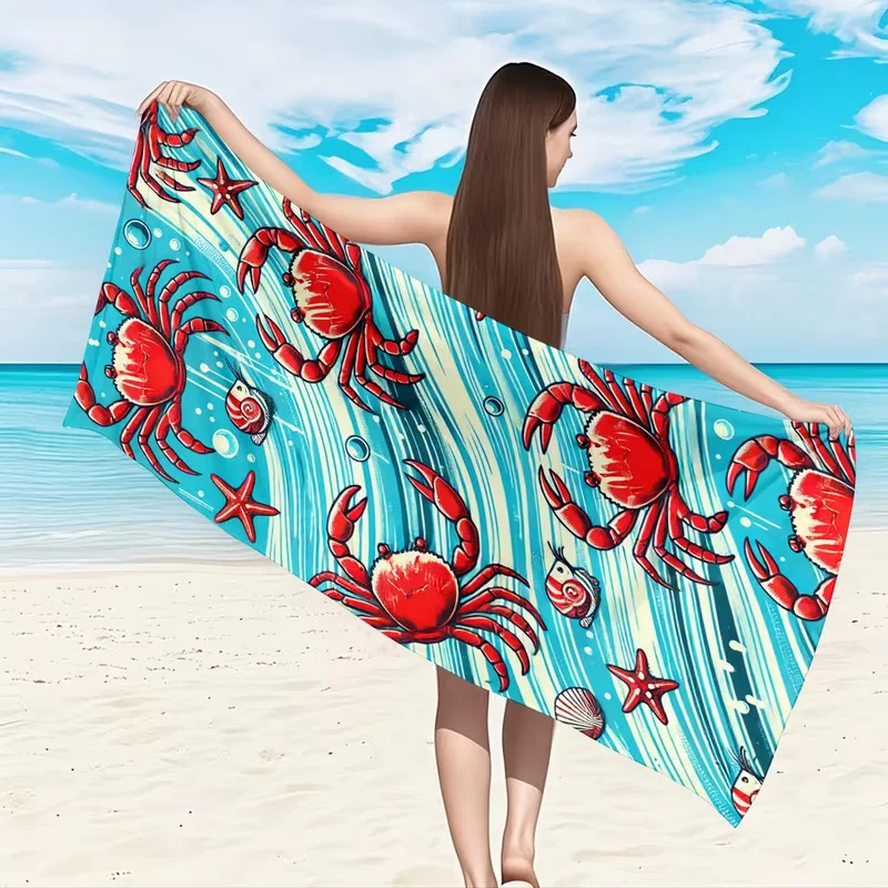 Vibrant Red Crab Wave Beach Towel Cartoon Marine Starfish Shell Print Sandproof Absorbent Towel Beach Vacation Summer Towel