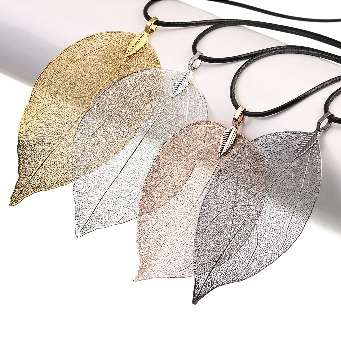 1strand/lot Copper Plating Fashion Natural Leaves Vein Pendant Necklace Simple Women Men Necklace For Jewelry Gifts ﻿