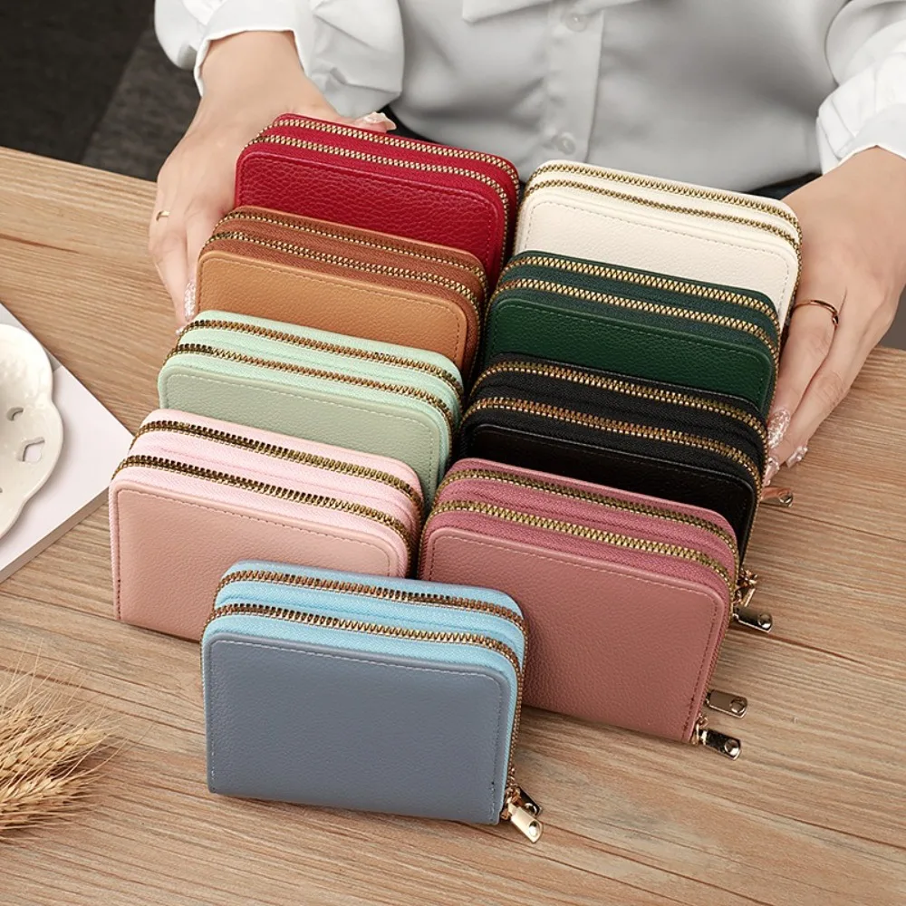 

Solid Color Organ Card Bag Large Capacity Multi Card Slot Short Wallet Card Holder Double Zipper Women Coin Purses Ladies