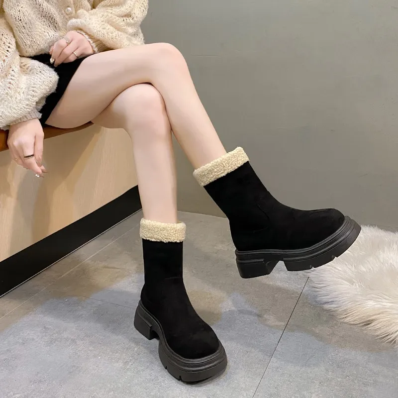 

New Women's Mid-calf Boots Round Head Square Heel Sleeve Women Shoes Outdoor Leisure Keep Warm 2024 Botas De Invierno Para Mujer