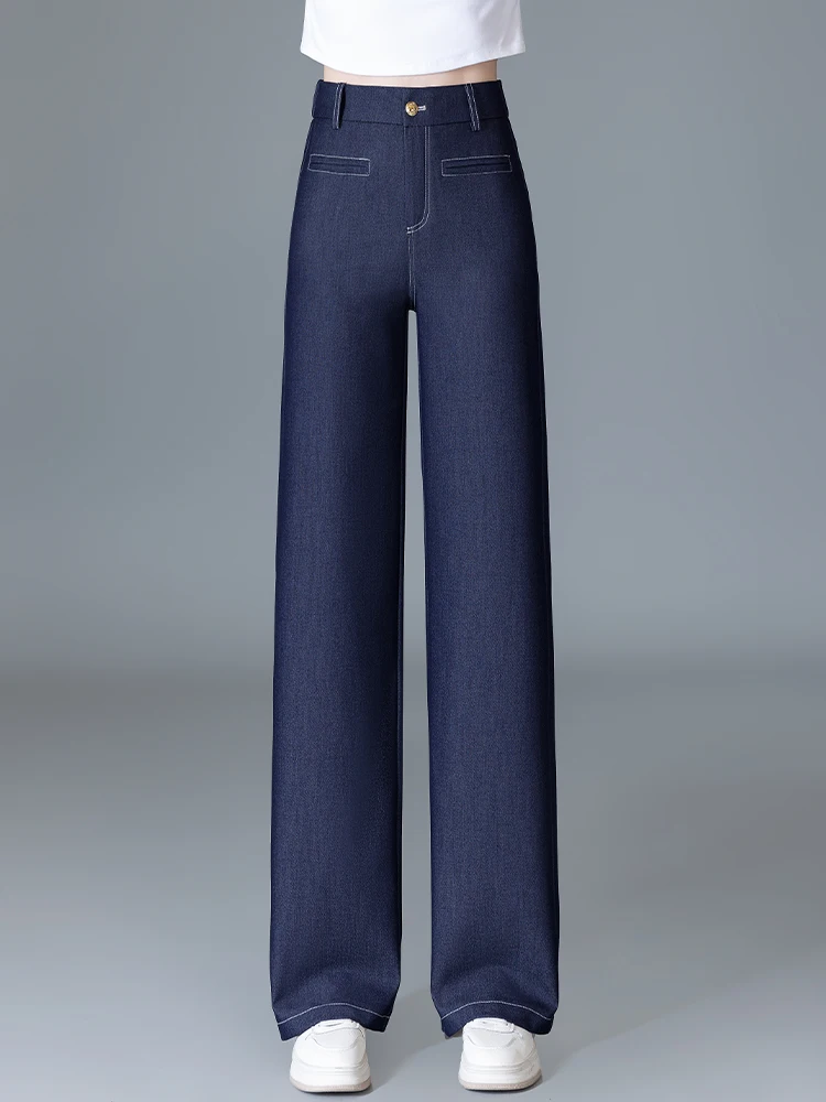 

High Waist Drapey Denim Blue Silk Women's Jeans Ice Silk Straight Leg Casual Pants Summer 2025 New Style