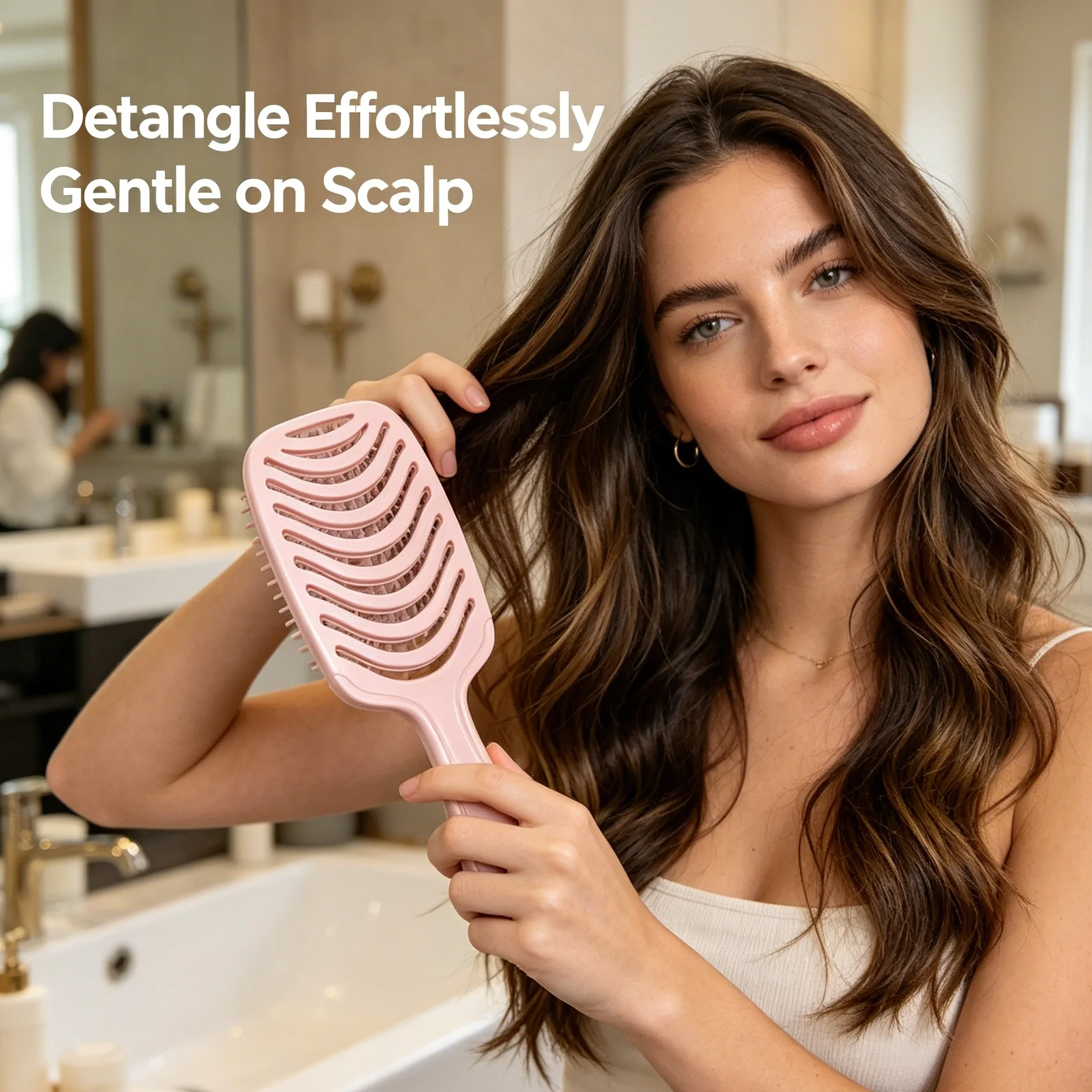 A pink, open-work, smooth-textured airbag comb for dry and wet use, resistant to pulling, tangling, and breaking hair strands.