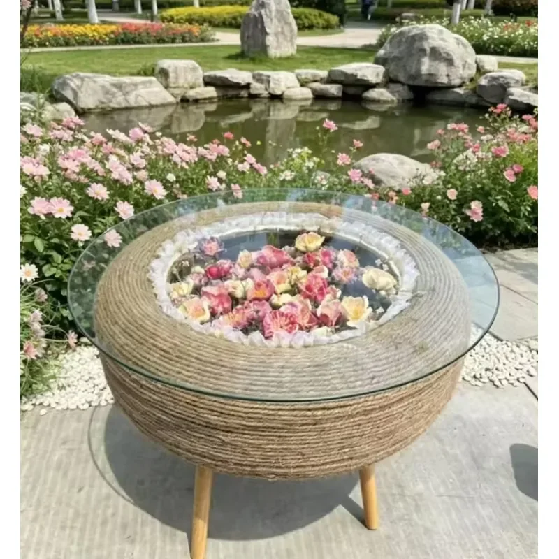 Modern Hand Woven Hemp Cotton Coffee Table Creative Flower Sea Design Eco Friendly Tire Artwork For Living Room Interior