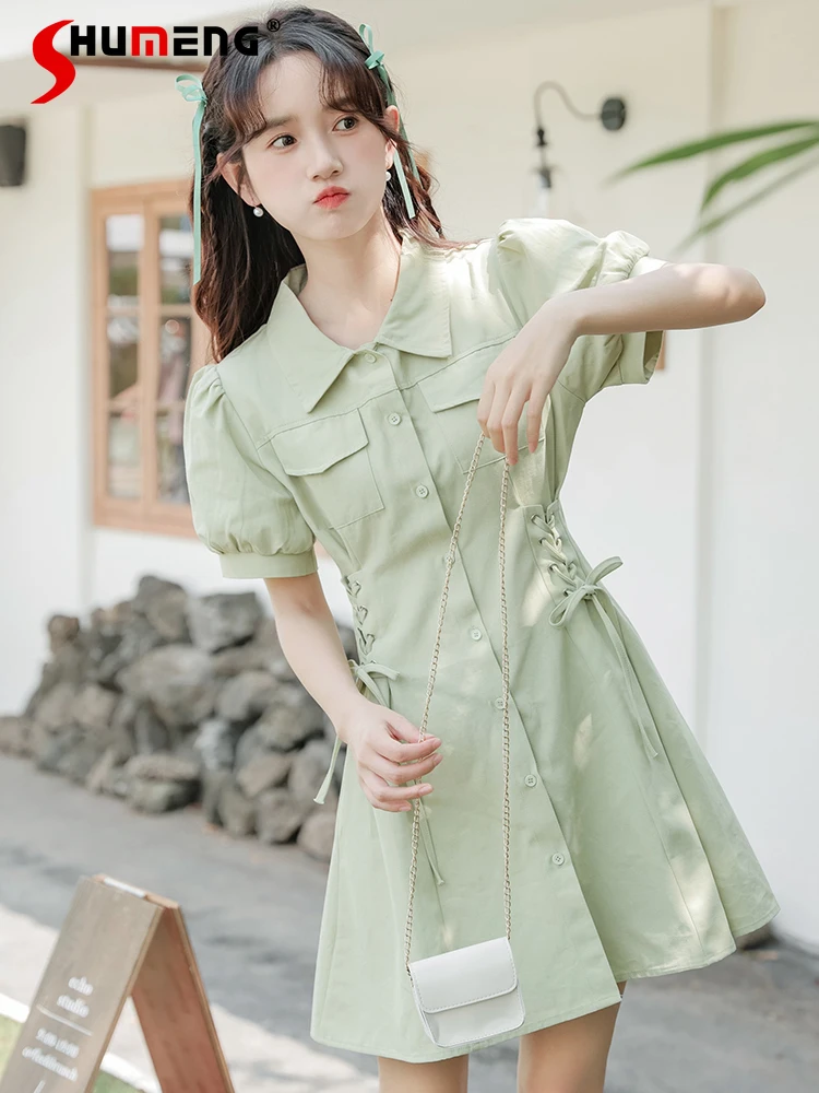 

Japanese Preppy Style Mori Retro Artistic Polo Collar Puff Sleeve High Waist Lace up Slim Fit Single-Breasted Shirt Dress Women