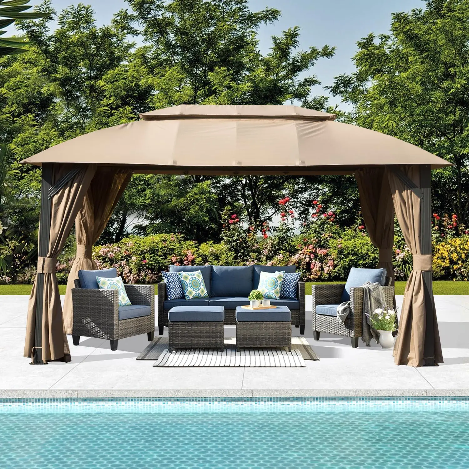 

10x14FT Double Roof Gazebo Canopy Curtains Netting Metal Frame Outdoor Party Tent Patio Backyard Lawn, Customized