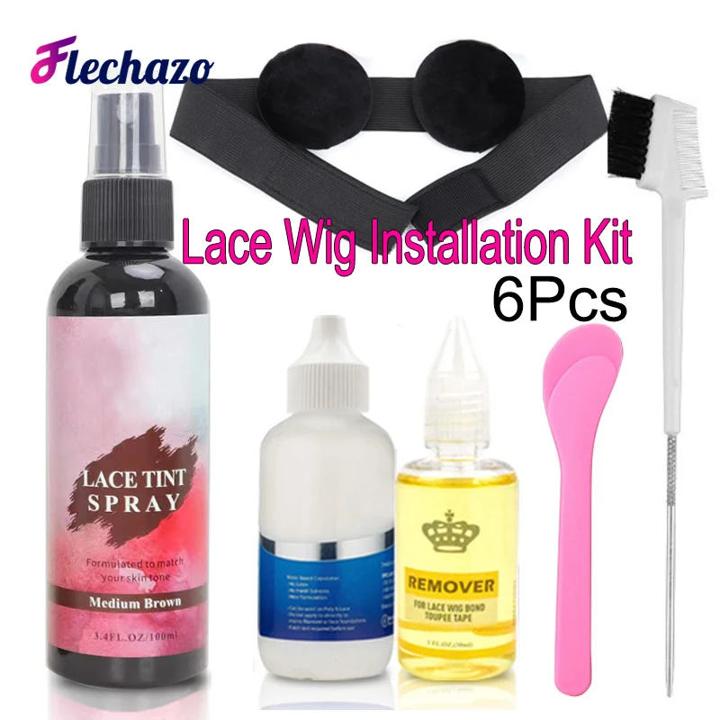 Lace Wig Installation Kit Set 6Pcs Lace Tint Spray Dark Medium Light Waterproof Wig Glue And Remover Lace Melting Wig Band Brush