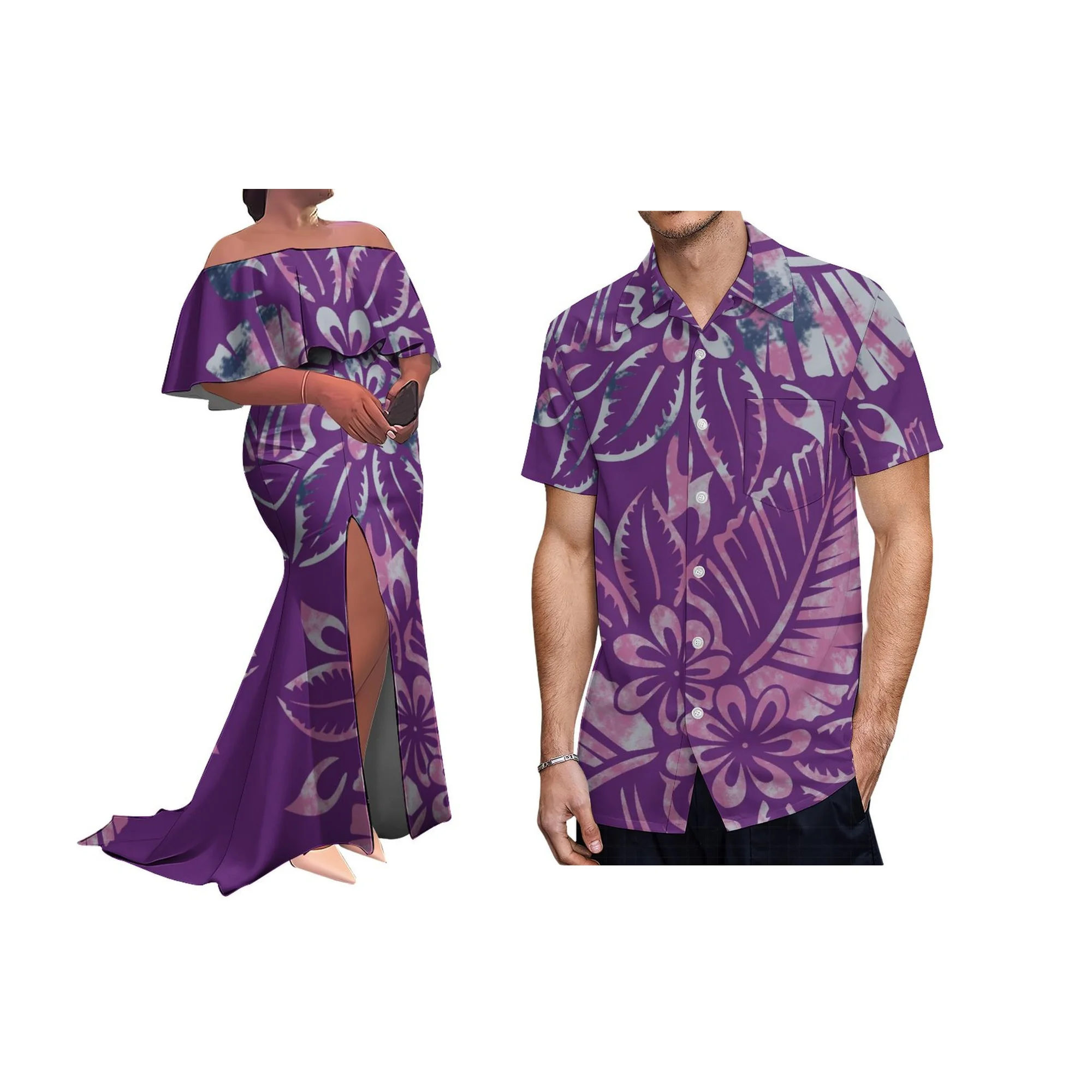

2025 New Style Customized Women Evening Gowns Polynesian Hawaii Print Off the Shoulder Split Floor-length Dress with Shawl