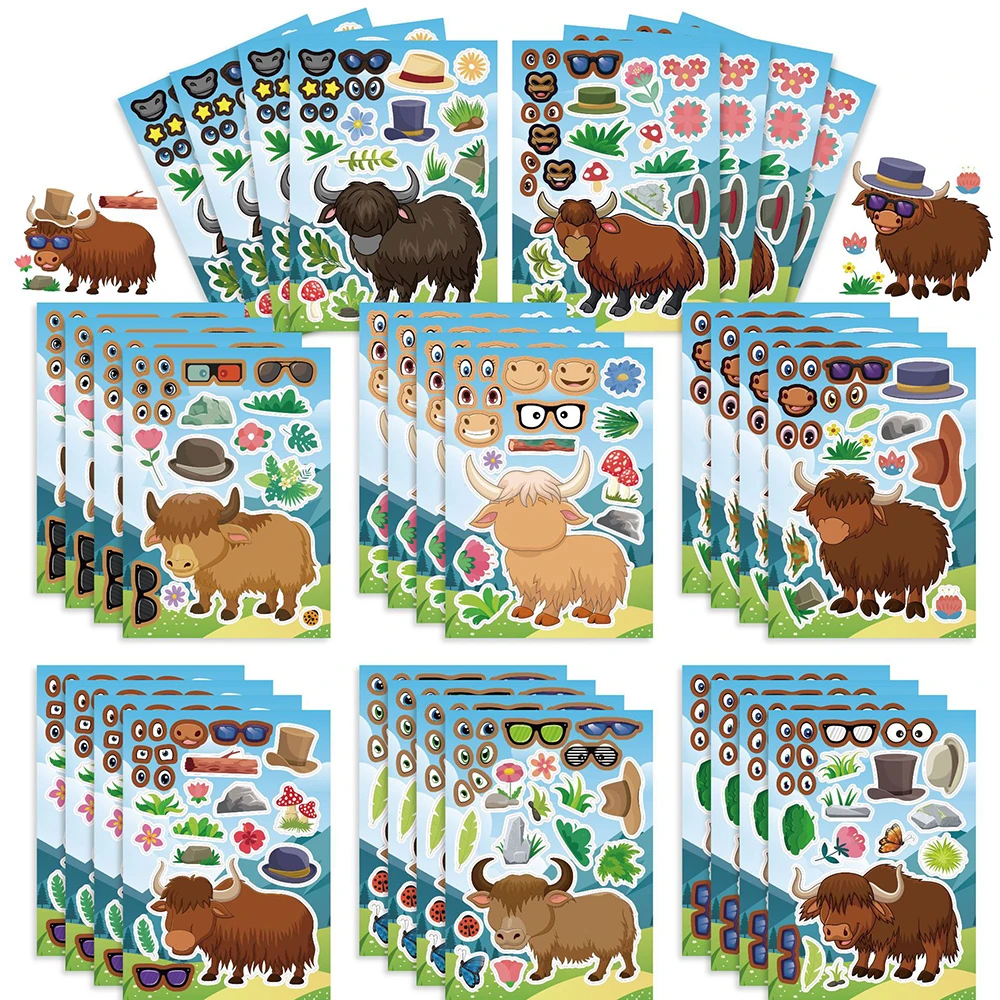 8/16Sheets DIY Highland Cow Puzzle Stickers Make A Face Kids Game Children Cartoon Jigsaw Education Toys Party Decoration Gifts