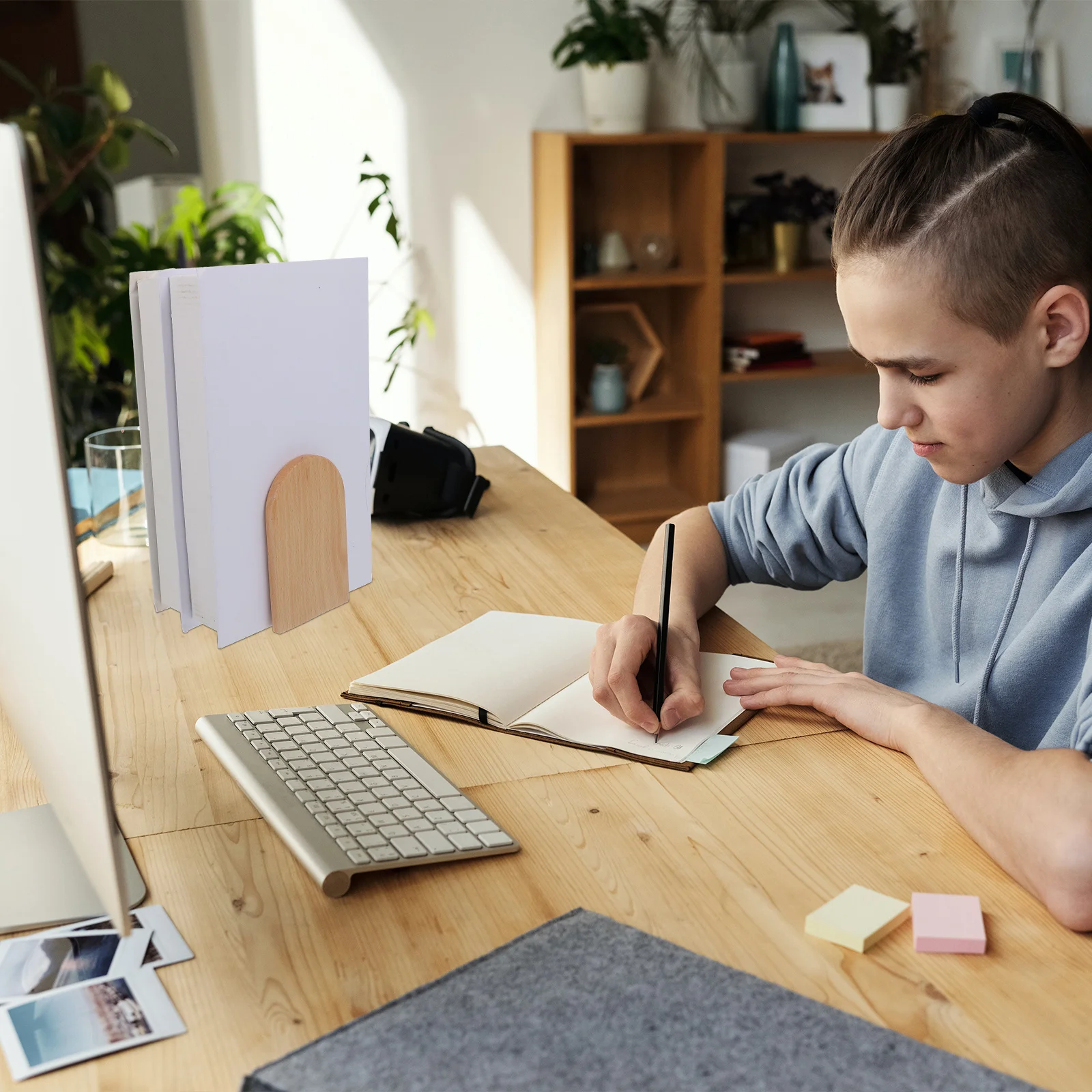 

Simple Style Wooden Bookend Thickened Iron Wood Construction for Home Office Desktop Book Organization and Storage