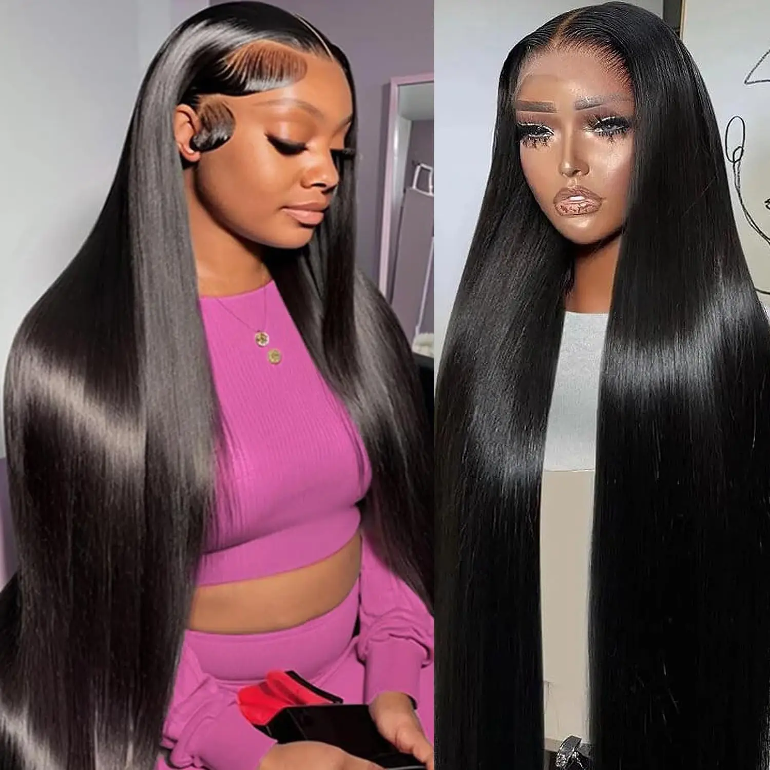 

Alimice 180 Density 13x4 Full Frontal HD Transparent Lace 30 Inch Long Straight Closure Human Hair Pre plucked Wig
