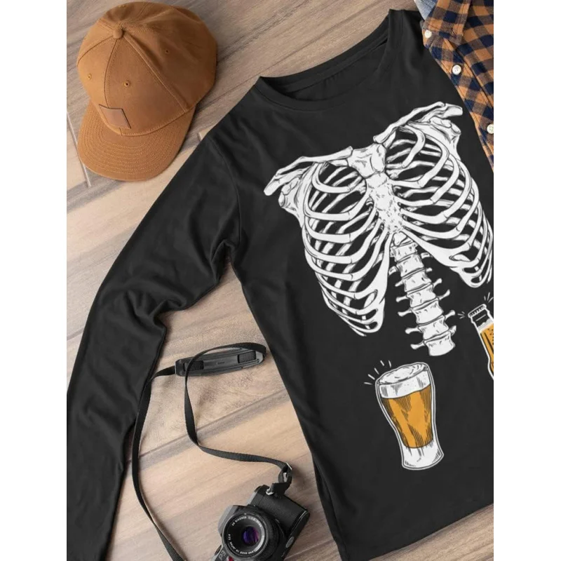 Men\'s Skull Beer Belly Shirt Funny Halloween Men\'s Long Sleeve Hoodie