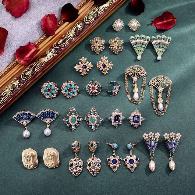 Women Girls Baroque Vintage Rhinestone Pearl Cross Earrings  