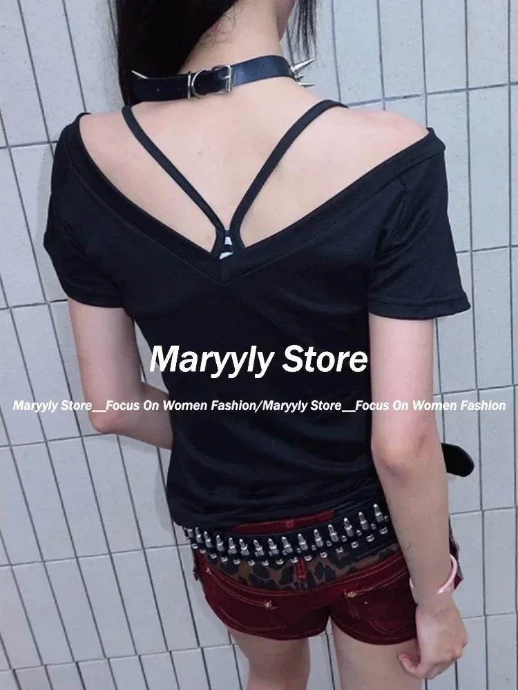 2024 Summer Y2k Aesthetic Tops Two Pieces Set Women Harajuku Fairy Cropped Letter Printing V Neck T Shirts + Stripe Grunge Vest