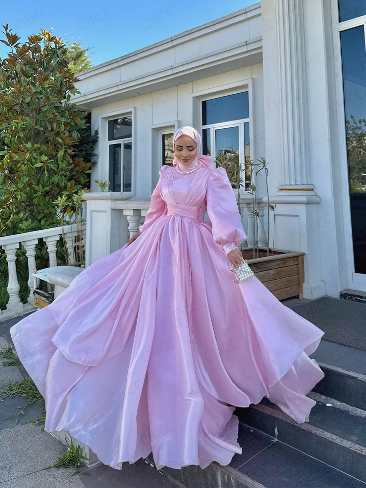 Vestidos de noite modestos hijab gola alta manga longa puff vestido de baile rosa vestido de festa de casamento convidado personalizado robes de soirée