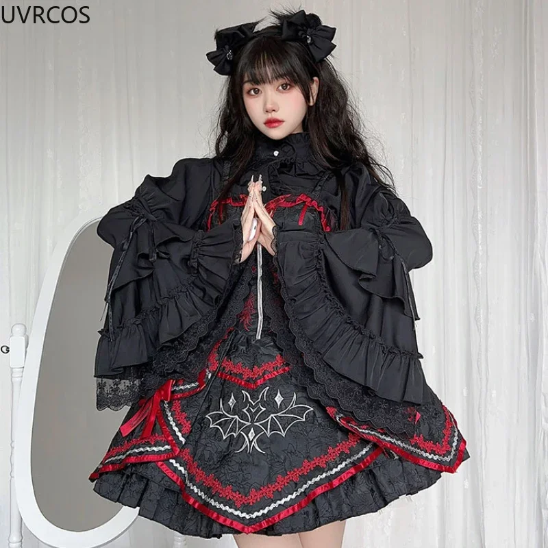 

Kawaii расклешенная блузка с рюшами и воротником с длинными рукавами, женские японские викторианские винтажные тонкие топы, готические рубашки в стиле Лолиты Y2k, женские рубашки