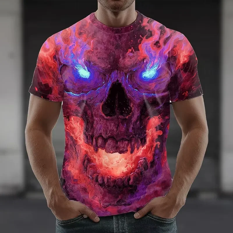 3D Print 2026 Halloween Men's Skull Optical Illusion T Shirt Short Sleeve Crew Neck Funny Horror Graphic Tee Novelty Gift