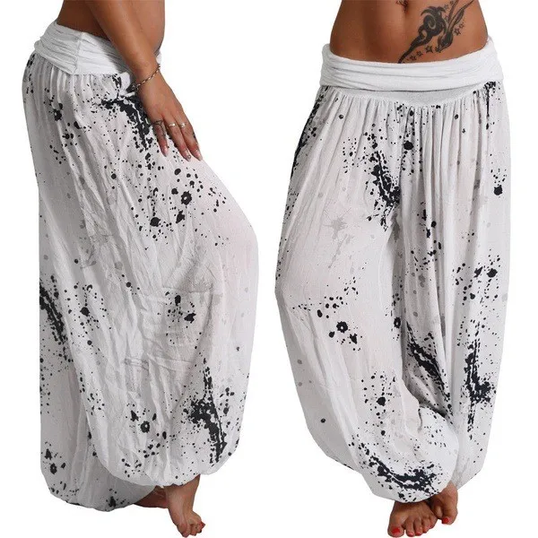 Women's Retro Loose Fit Full Length Cotton Blend Casual Pants with Elastic Waist | Boho Style Flowing Fabric Harem Trousers for
