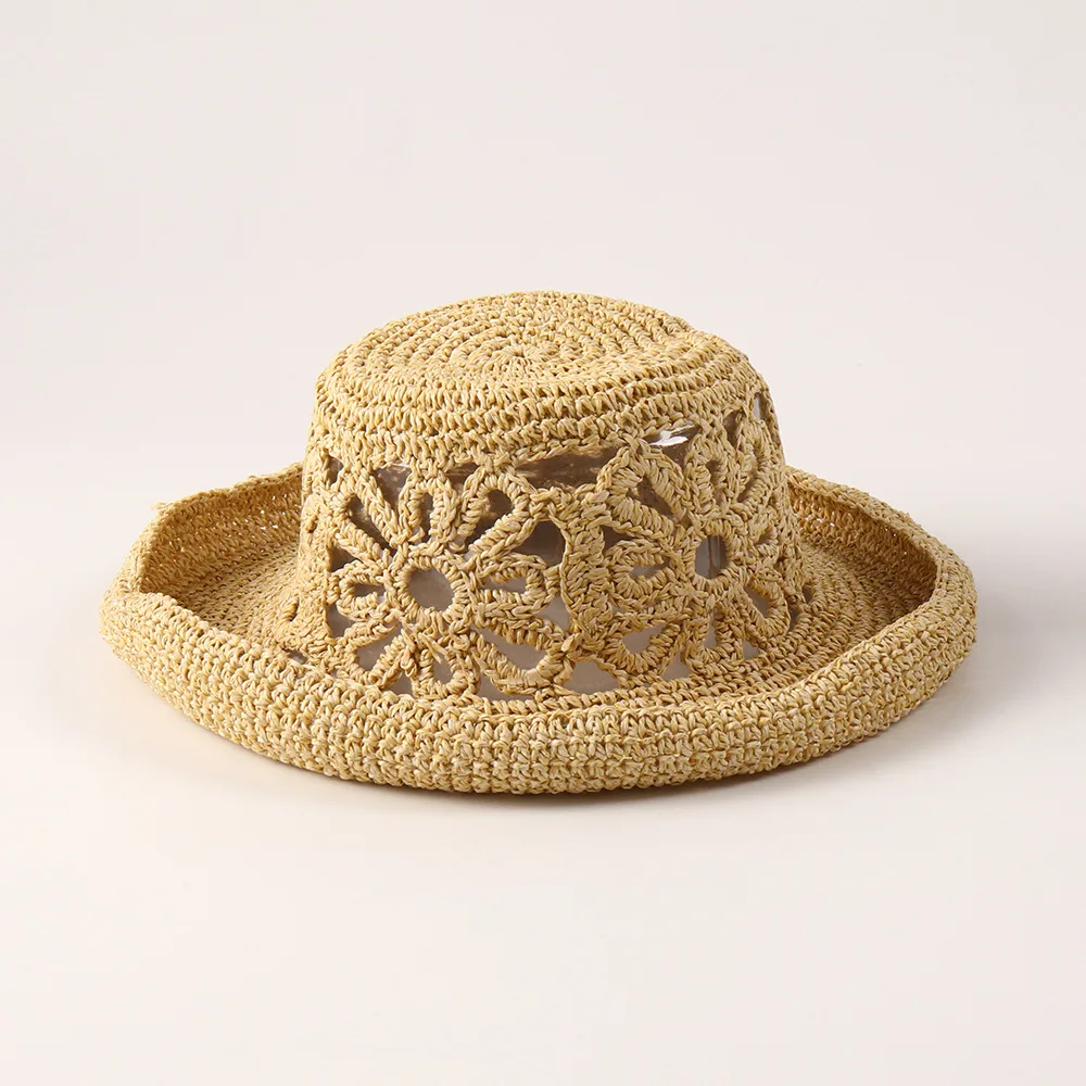 Spring Summer Rolled Brim Breathable Bucket Hat Hollow Out Floral Straw Sun Cap Women