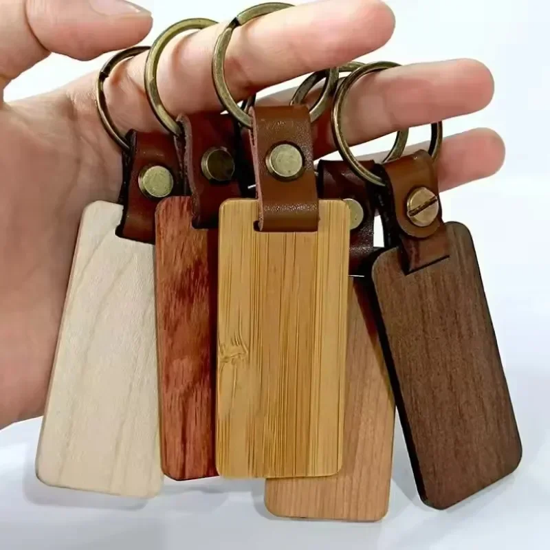 Wooden Keychain Blank Engravable Bag Ornaments Charms with Leather Strap Natural Wooded Key Ring DIY Craft Accessories
