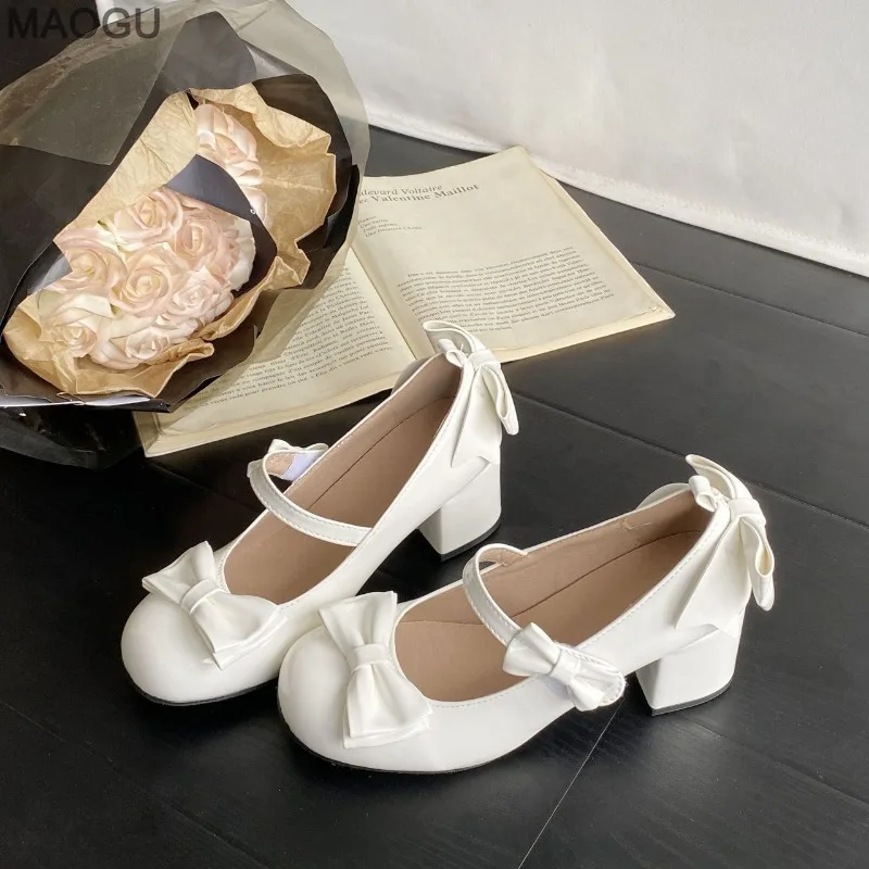Cute Round Toe Women's Mary Jane Shoes Pu Leather Pink Bow-knot Chunky Heel Lolita Shoes Lovely Girls Mid-heel Fashion Pumps view 6